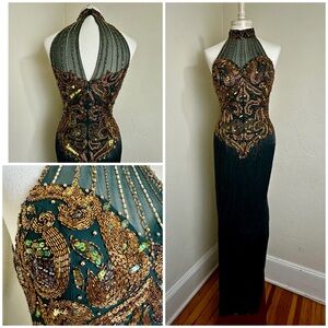 VTG 90s Y2K Sean Collection Green & Gold 100% Silk Beaded Halter Gown Dress M